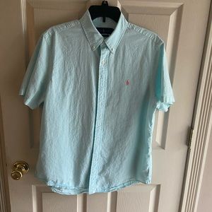 Ralph Lauren Mens Size L short sleeve Seersucker shirt; powder blue stripe
